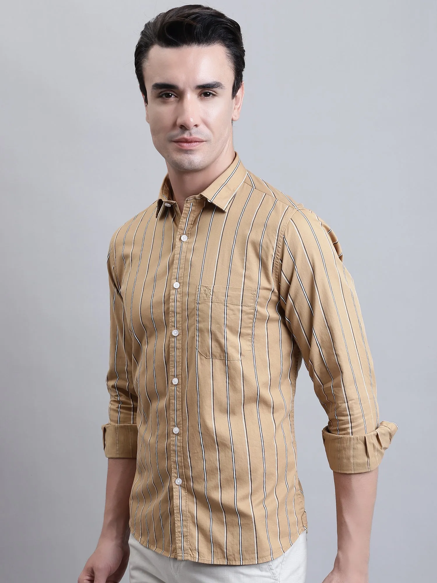 Men's Khaki Casual Stripe Print Full Sleeve Shirt