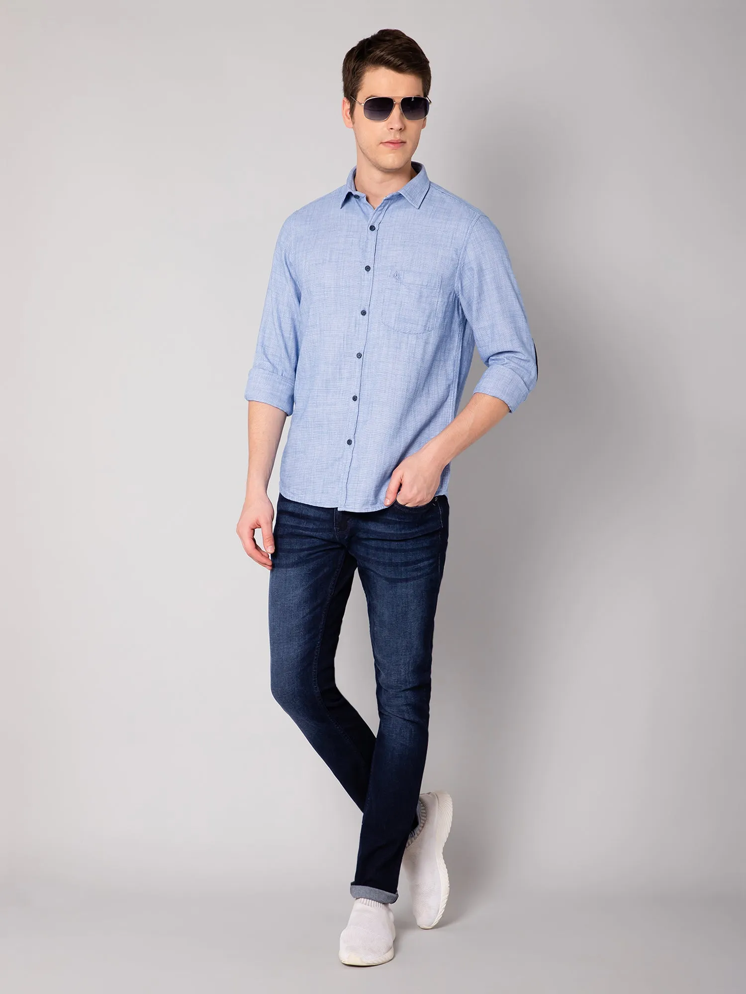 Men's Light Blue Casual Plain Full Sleeve Shirt