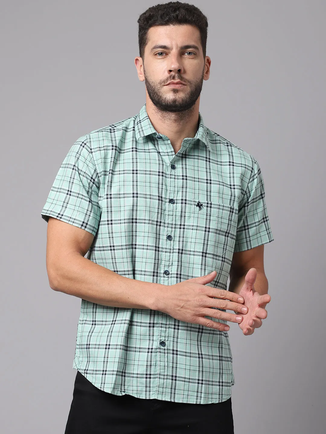 Men's Light Green Casual Big Checks Half Sleeve Shirt