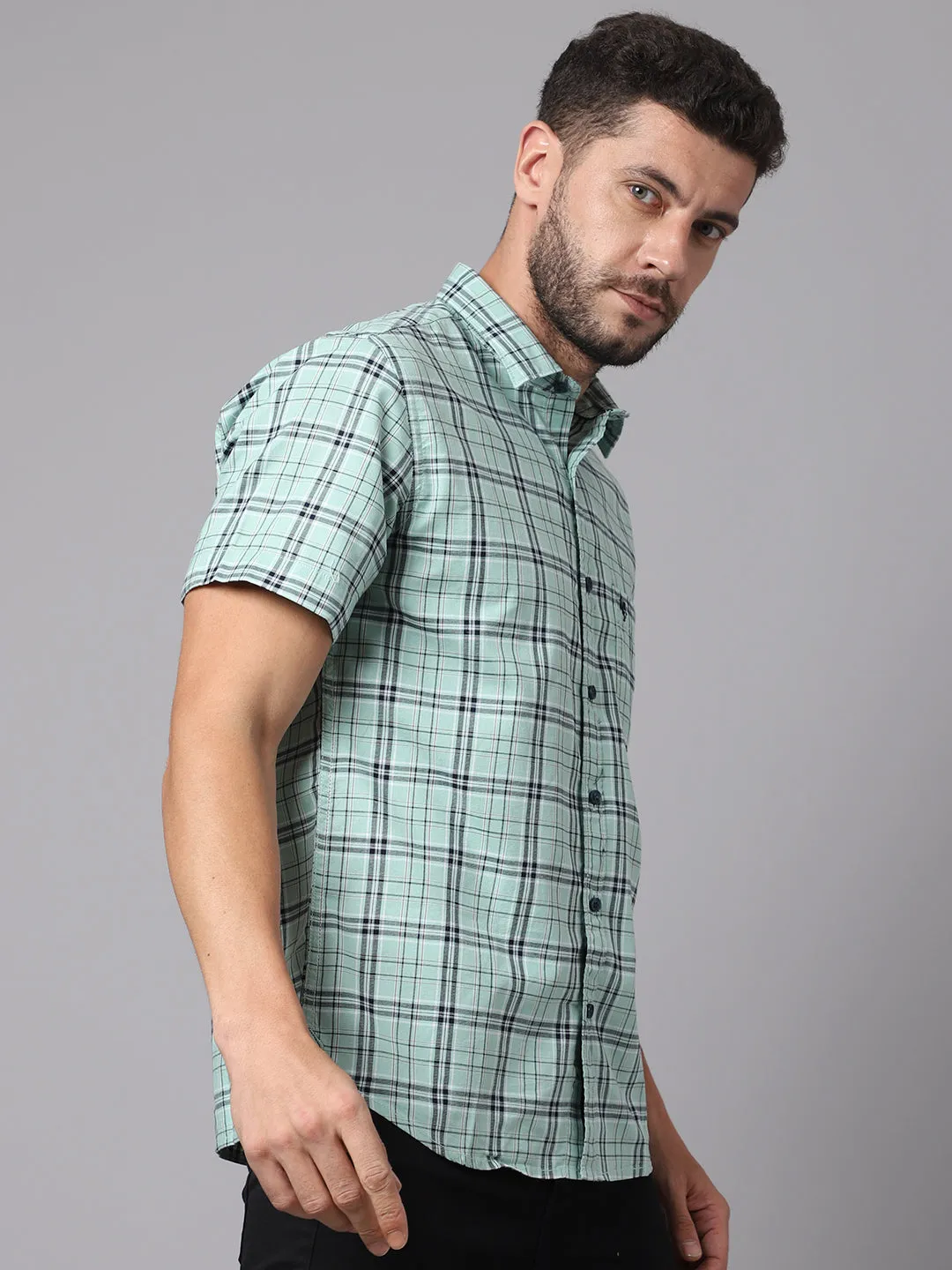 Men's Light Green Casual Big Checks Half Sleeve Shirt