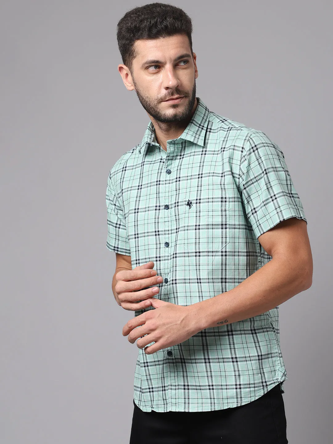 Men's Light Green Casual Big Checks Half Sleeve Shirt