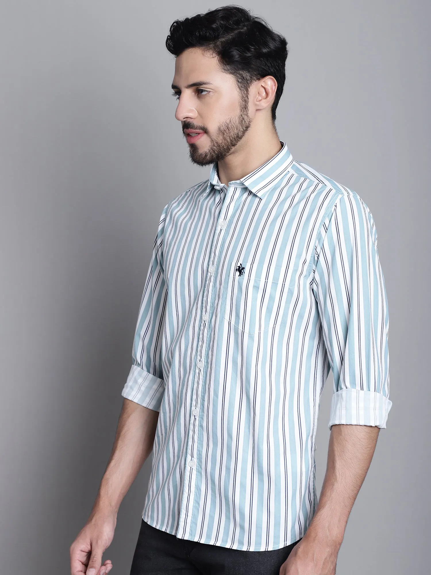 Men's Light Green Casual Stripe Print Full Sleeve Shirt