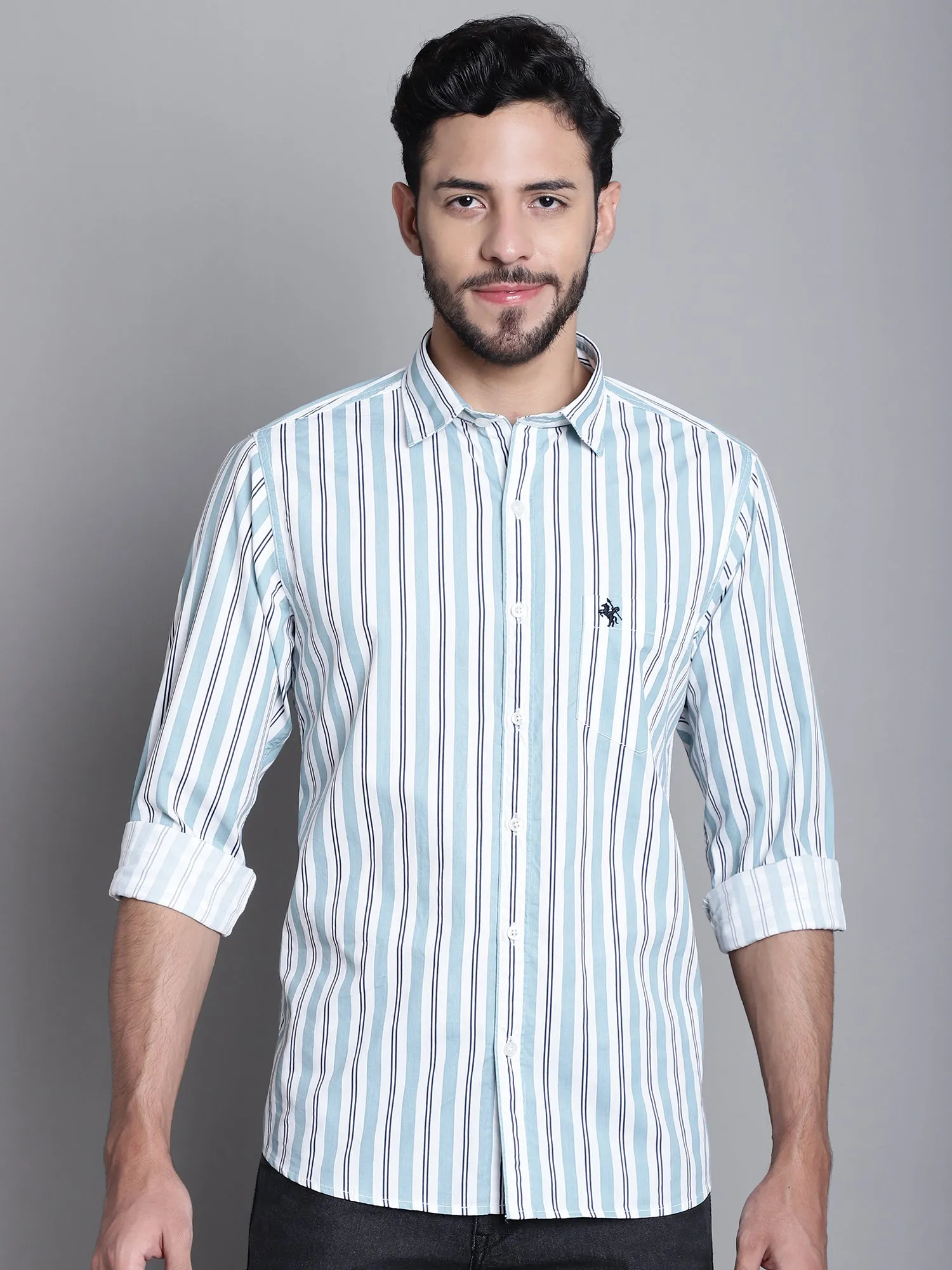 Men's Light Green Casual Stripe Print Full Sleeve Shirt