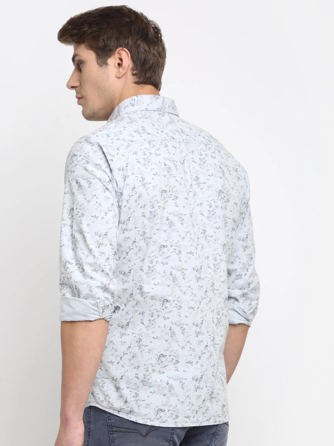 Men's Light Grey Casual Floral Print Full Sleeve Shirt