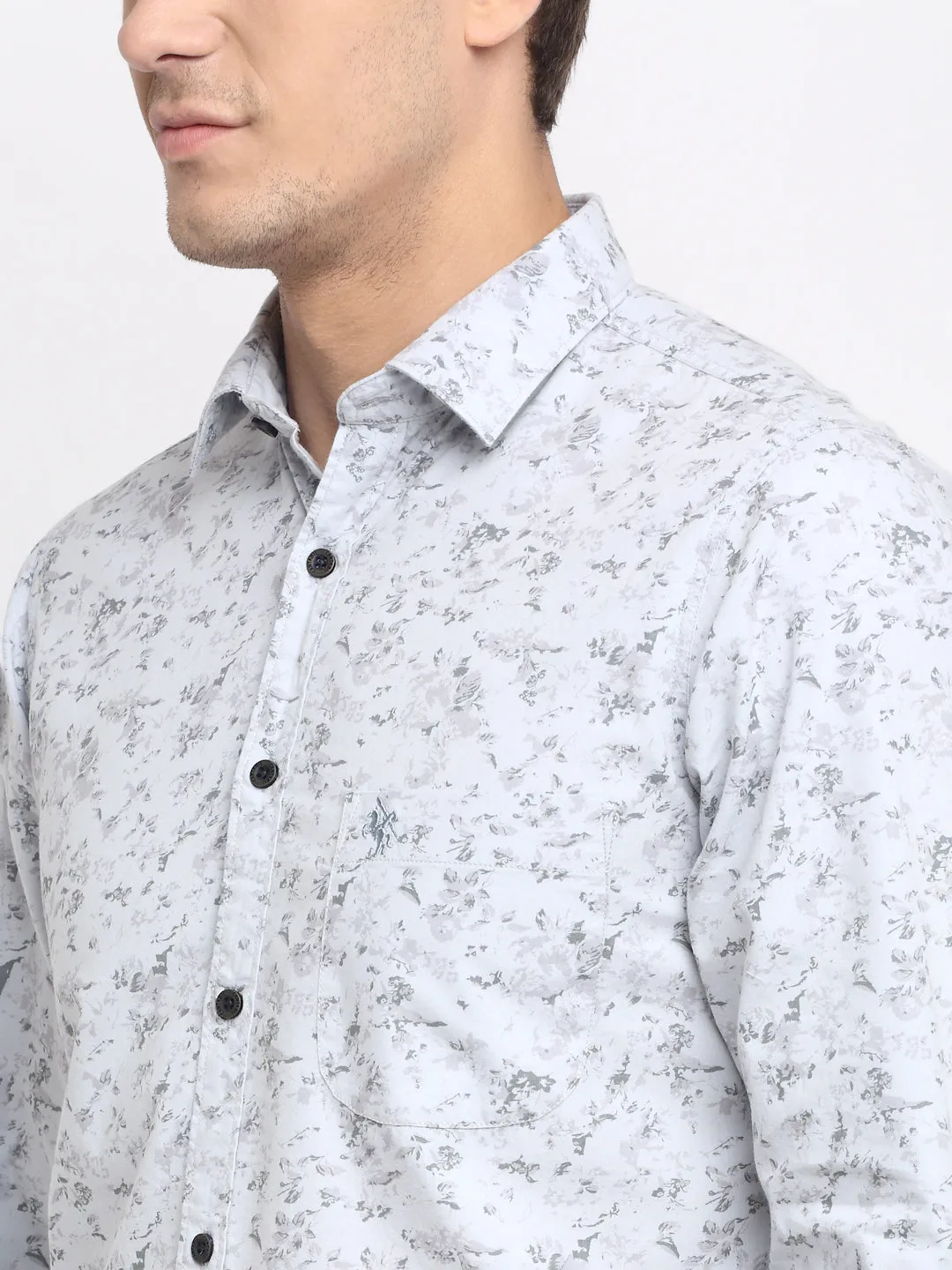 Men's Light Grey Casual Floral Print Full Sleeve Shirt