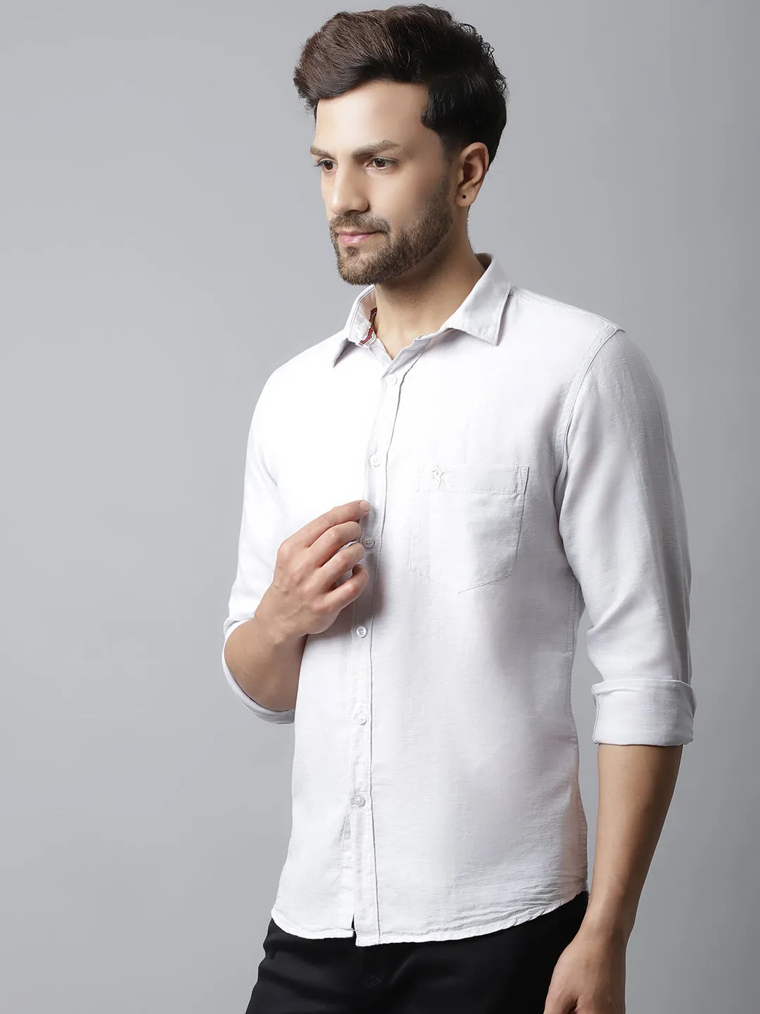 Men's Light Grey Casual Plain Full Sleeve Shirt