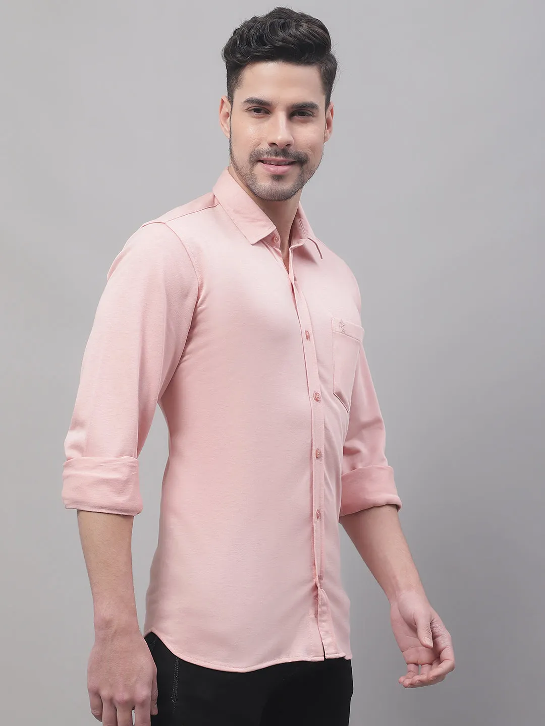 Men's Light Pink Casual Knit Jersey Full Sleeve Shirt