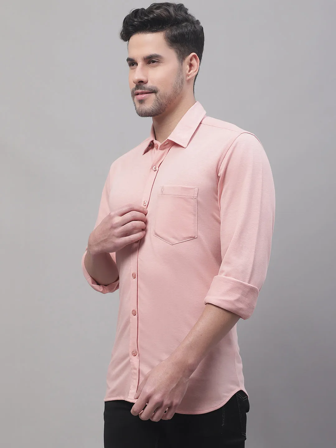 Men's Light Pink Casual Knit Jersey Full Sleeve Shirt