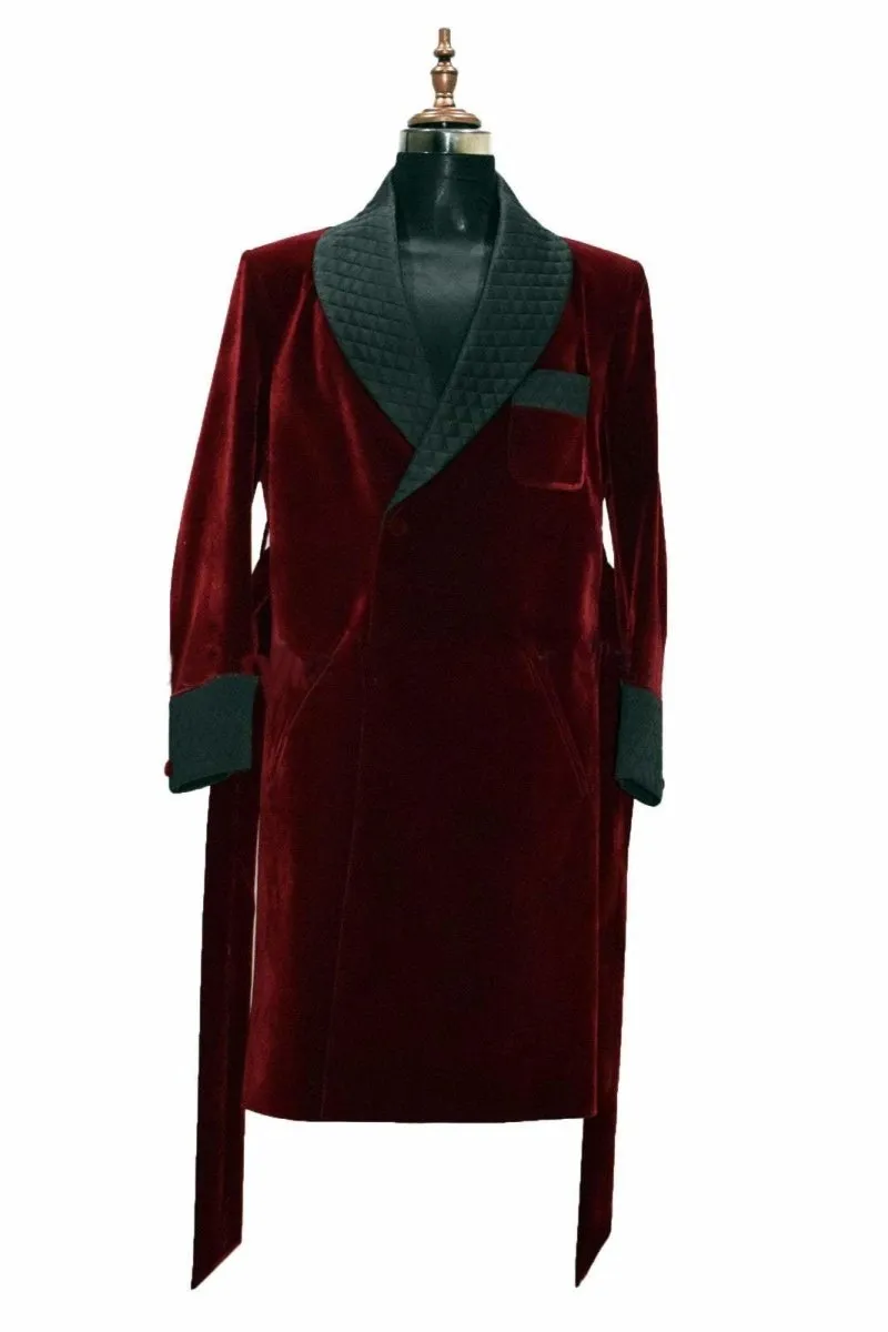 Mens Long Coat Quilted Jackets Long Robes Burgundy velvet Host Wear Coats