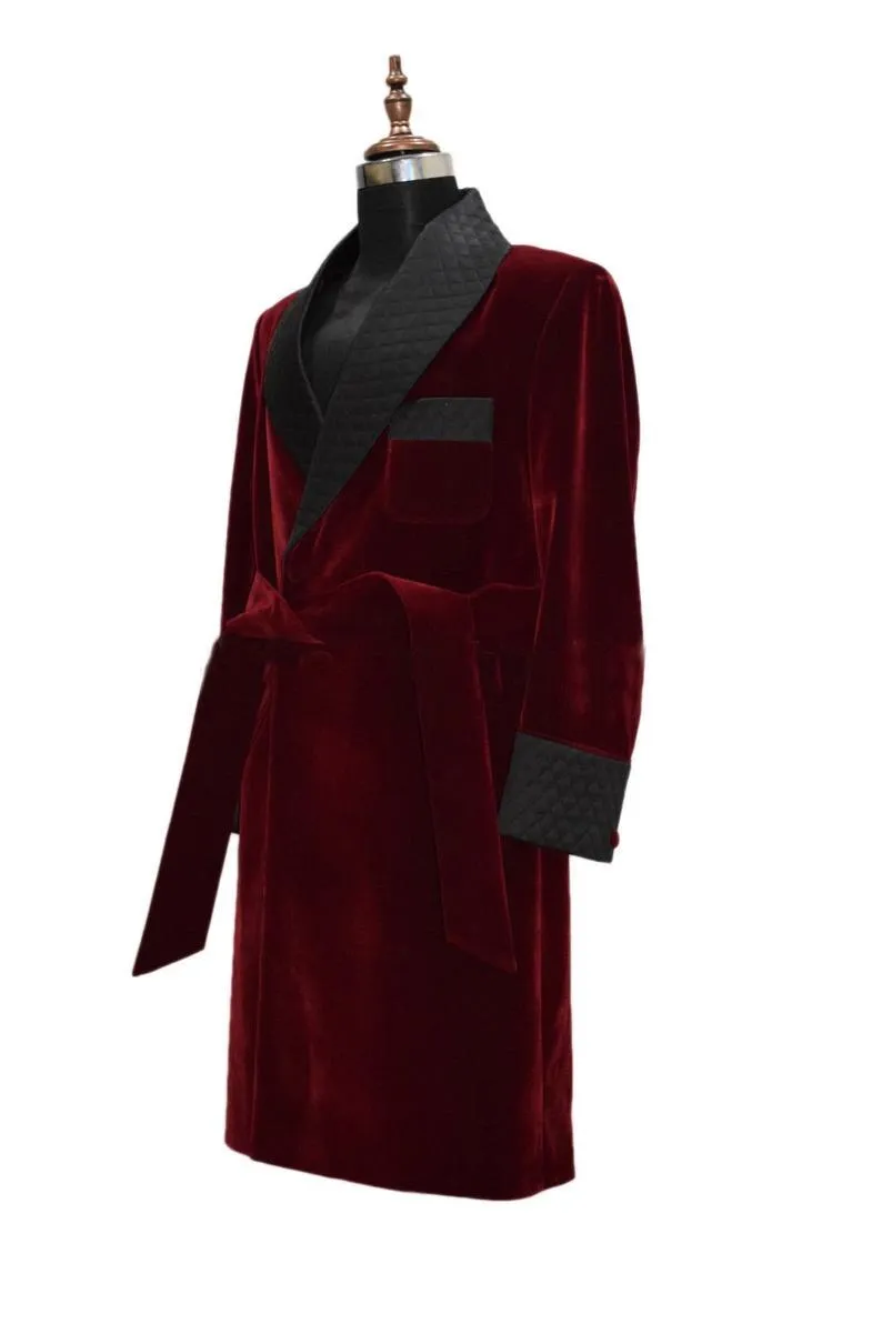 Mens Long Coat Quilted Jackets Long Robes Burgundy velvet Host Wear Coats