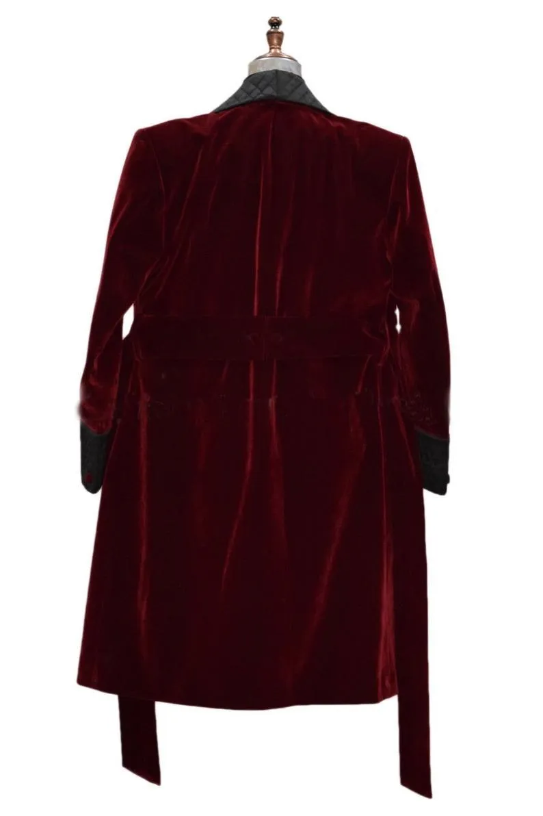 Mens Long Coat Quilted Jackets Long Robes Burgundy velvet Host Wear Coats