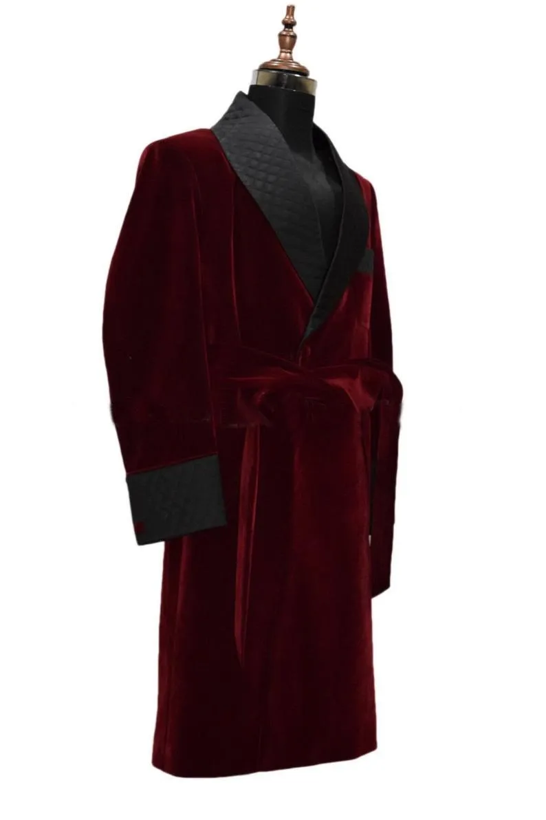 Mens Long Coat Quilted Jackets Long Robes Burgundy velvet Host Wear Coats