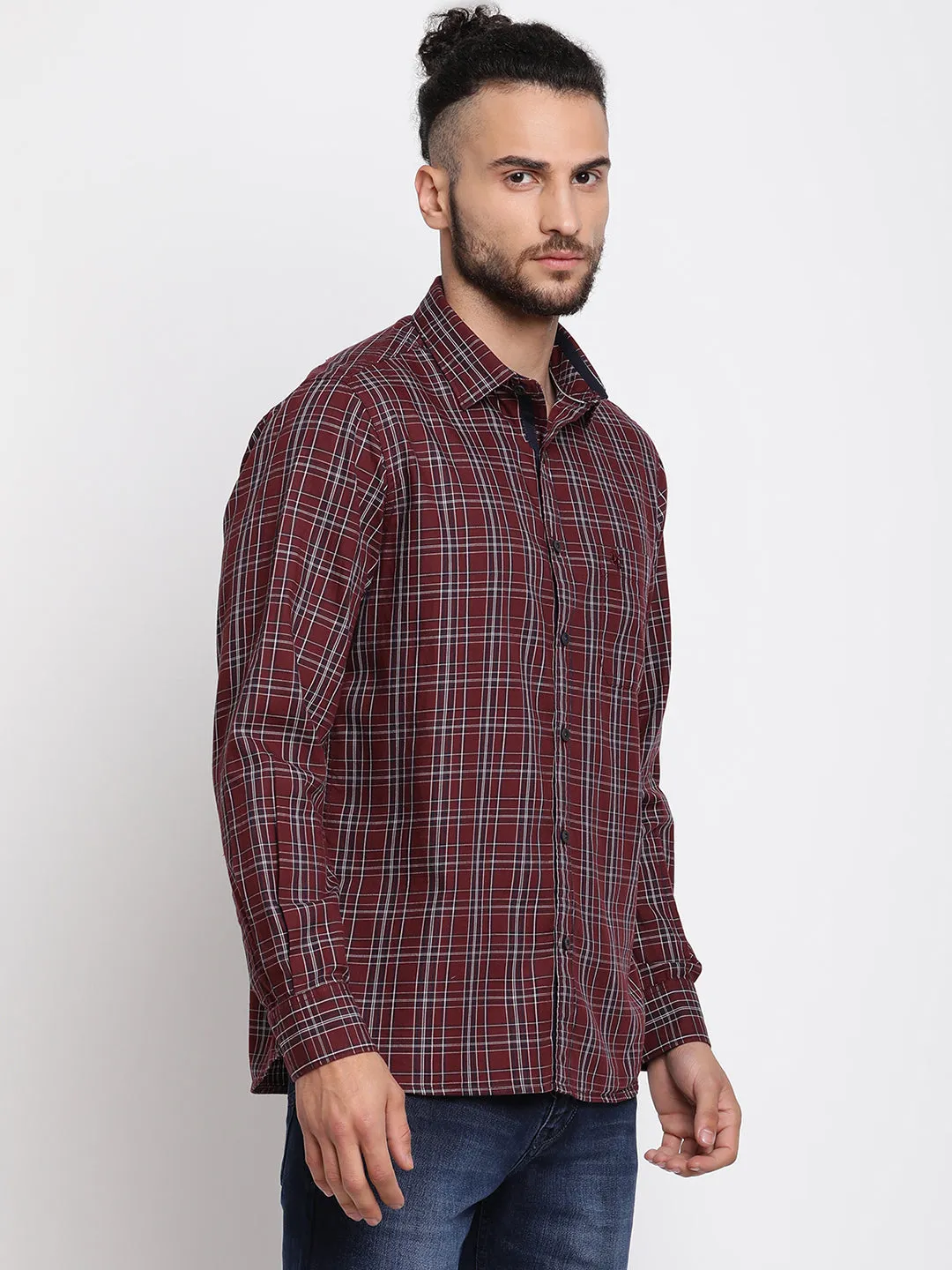 Men's Maroon Casual Medium Checks Full Sleeve Shirt