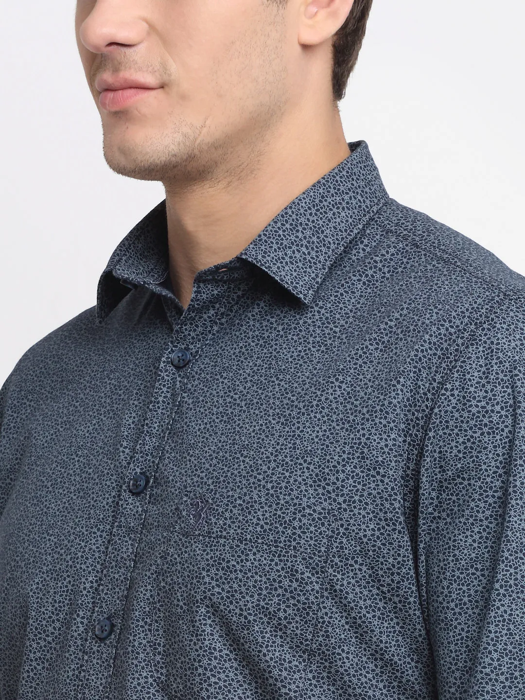 Men's Navy Blue Casual Floral Print Full Sleeve Shirt