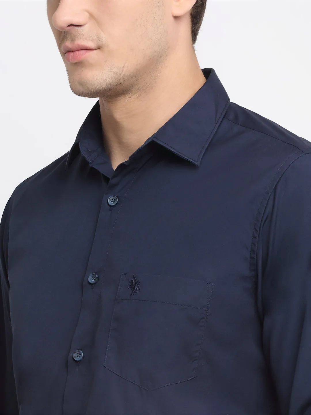 Men's Navy Blue Casual Plain Stretch Full Sleeve Shirt