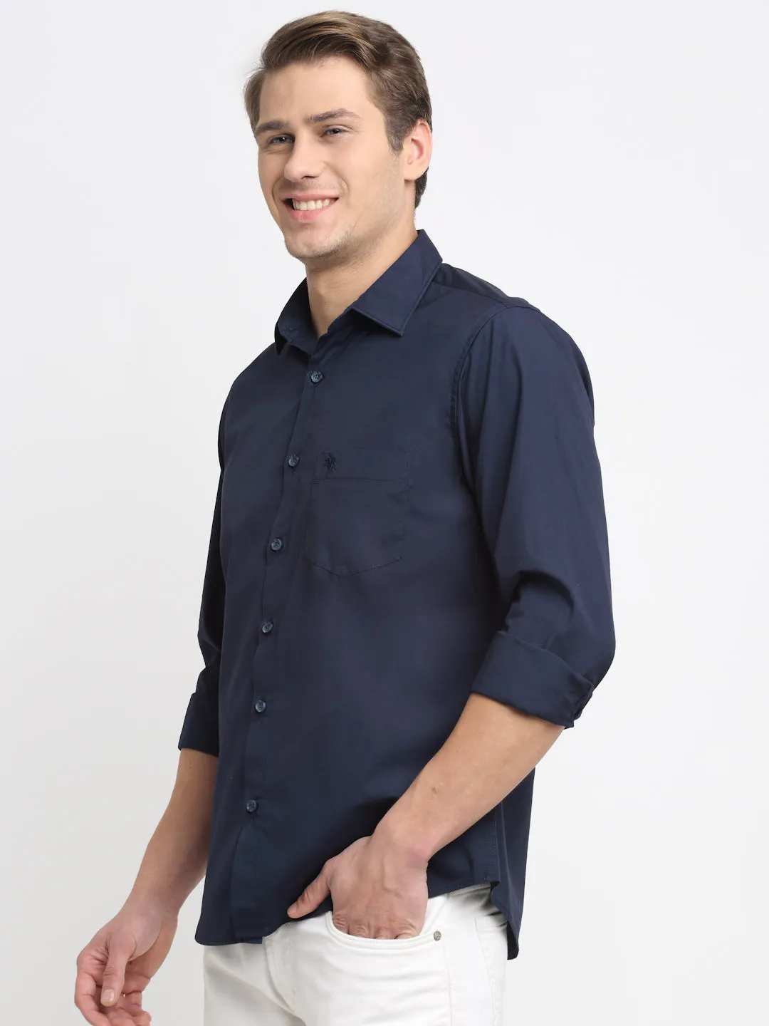 Men's Navy Blue Casual Plain Stretch Full Sleeve Shirt