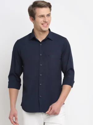 Men's Navy Blue Casual Plain Stretch Full Sleeve Shirt