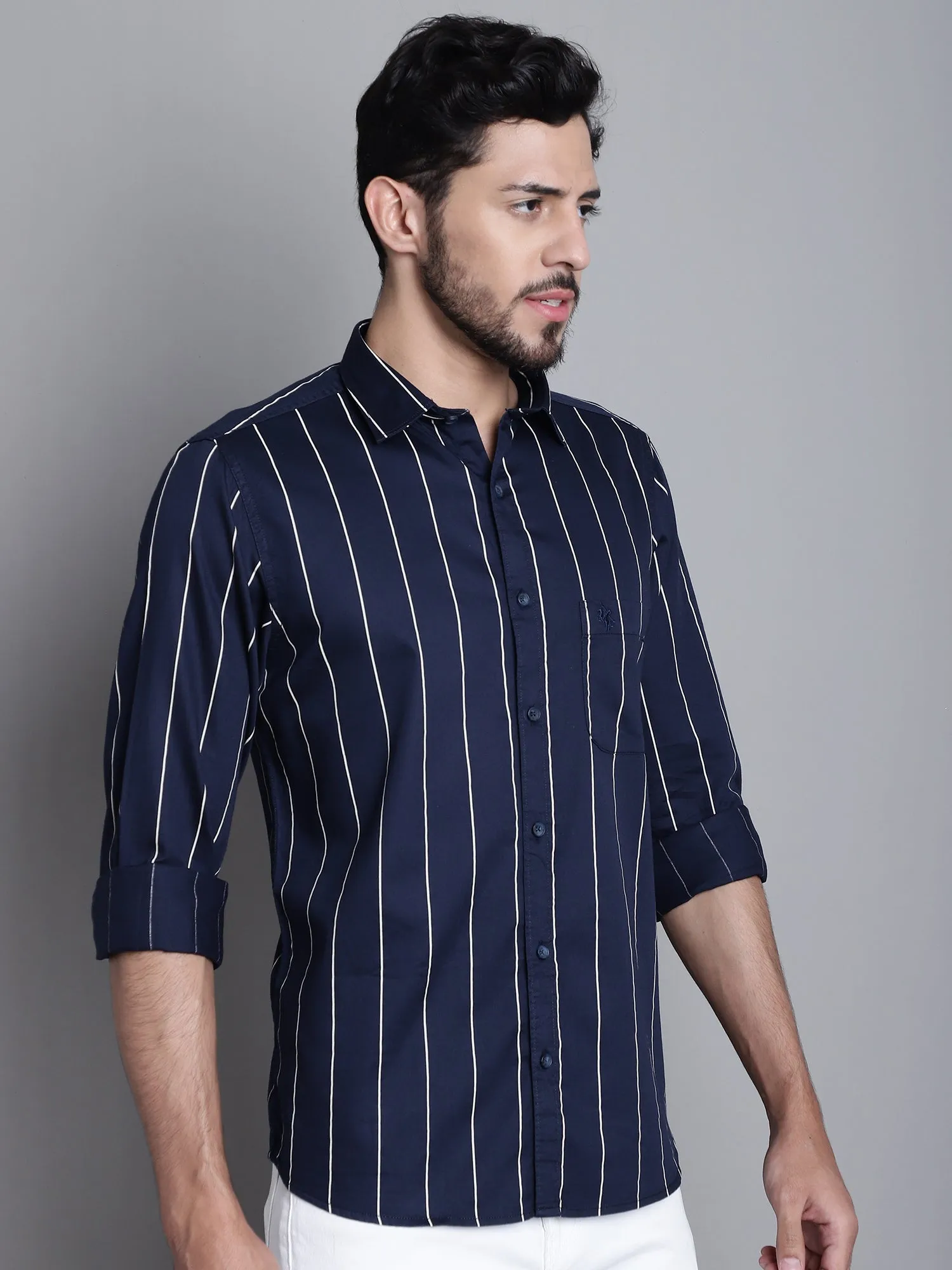 Men's Navy Blue Casual Stripe Print Full Sleeve Shirt