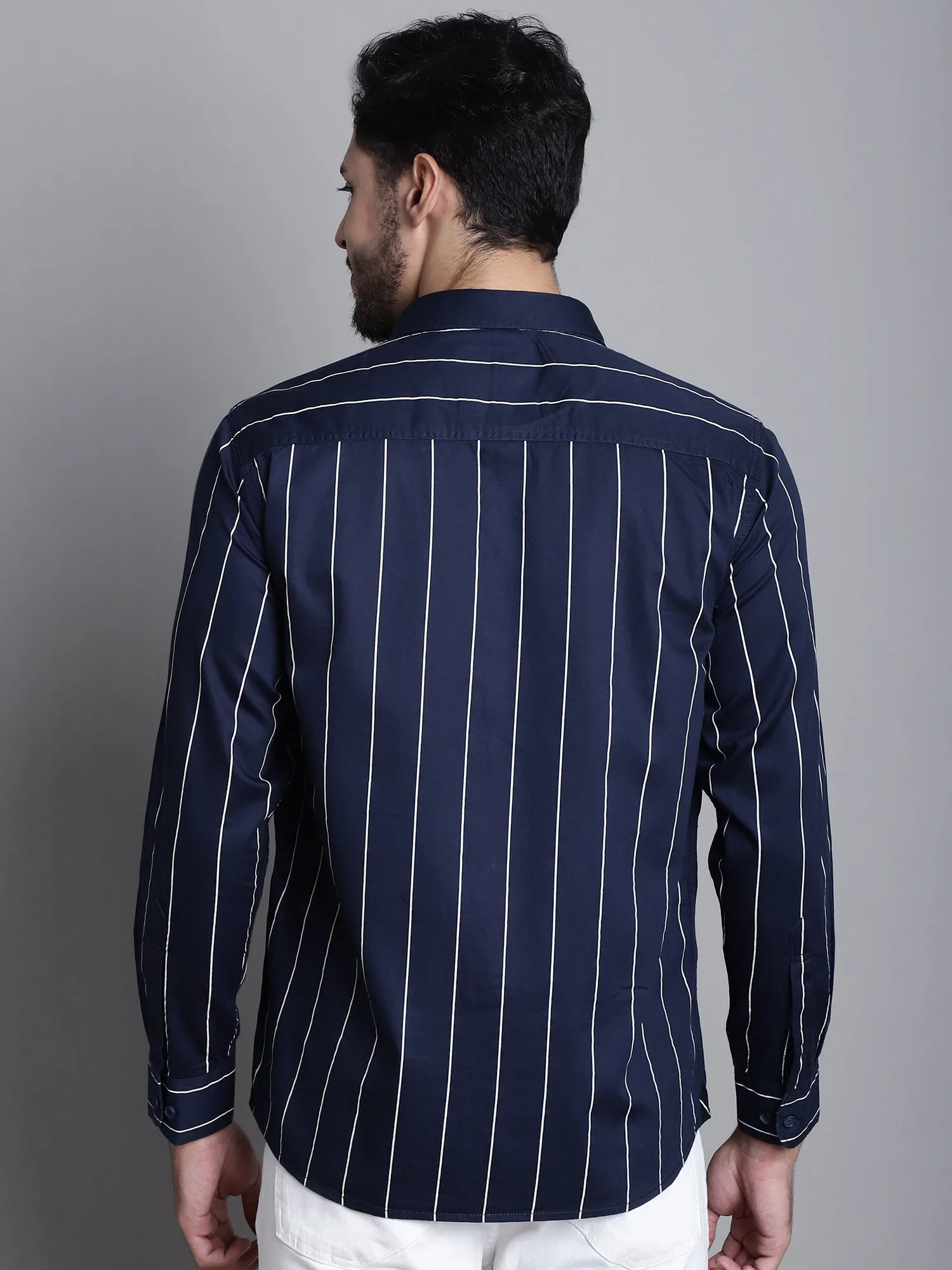 Men's Navy Blue Casual Stripe Print Full Sleeve Shirt