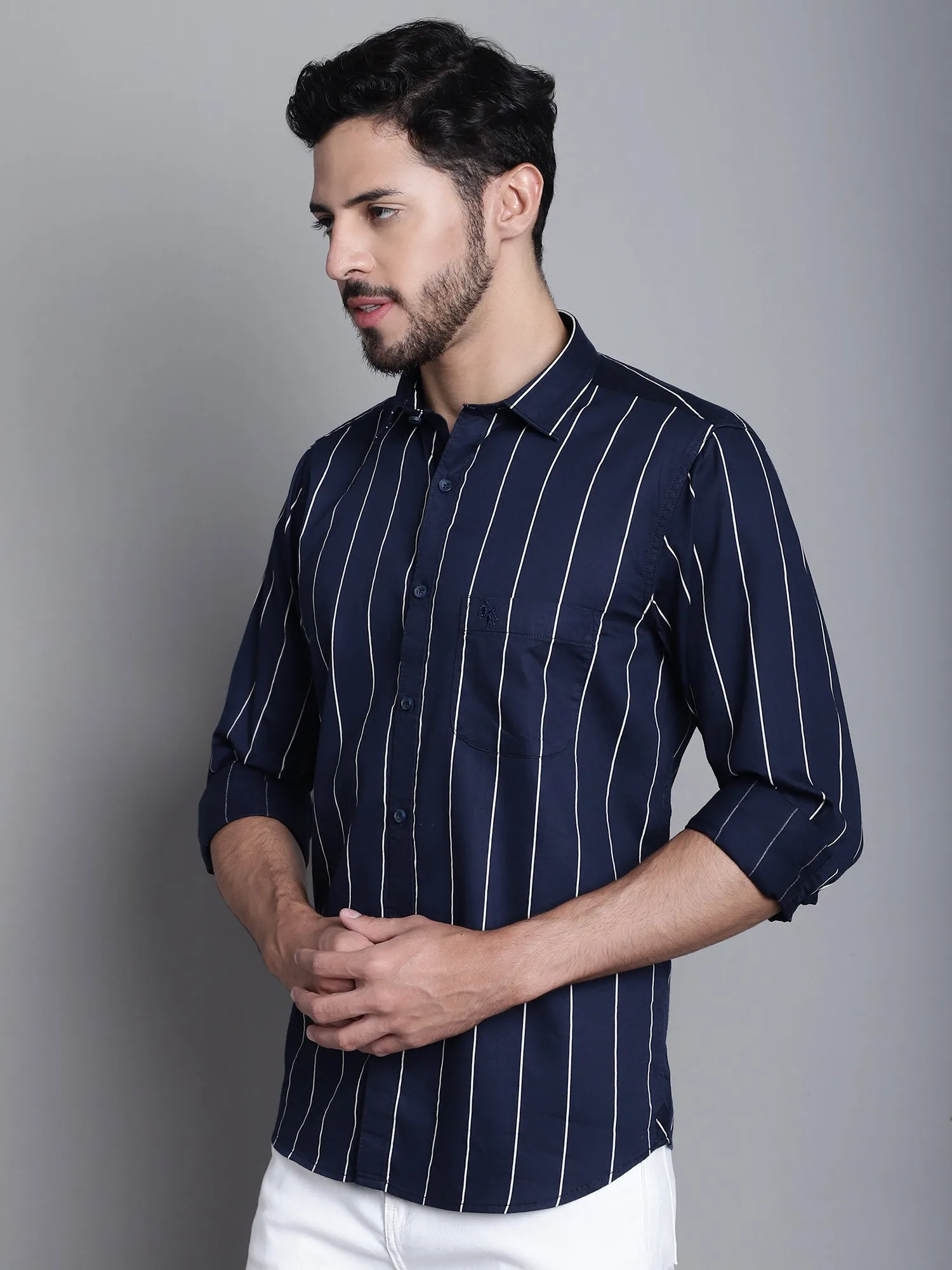 Men's Navy Blue Casual Stripe Print Full Sleeve Shirt