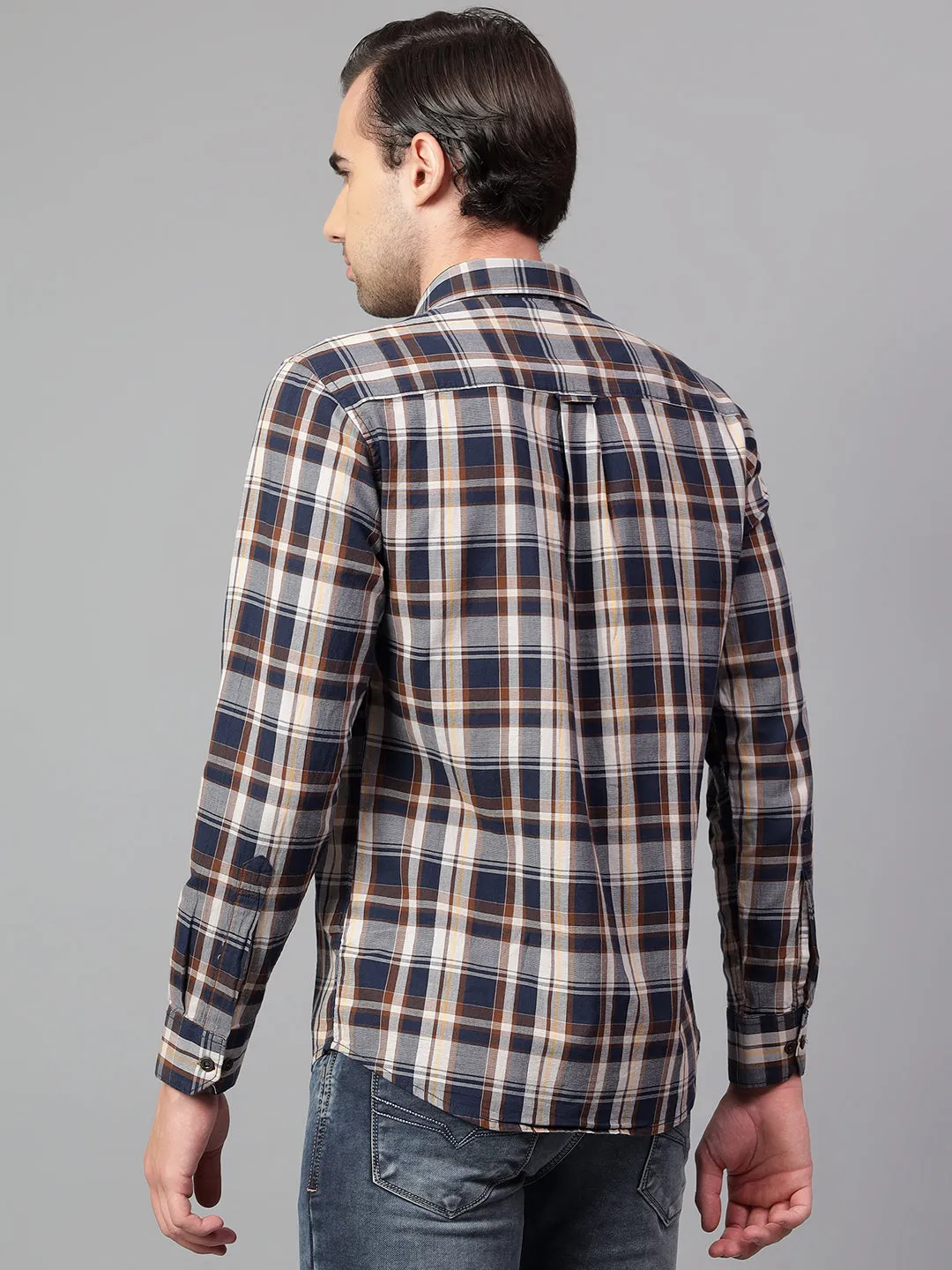 Men's Navy Blue Checked Full Sleeve Casual Shirt