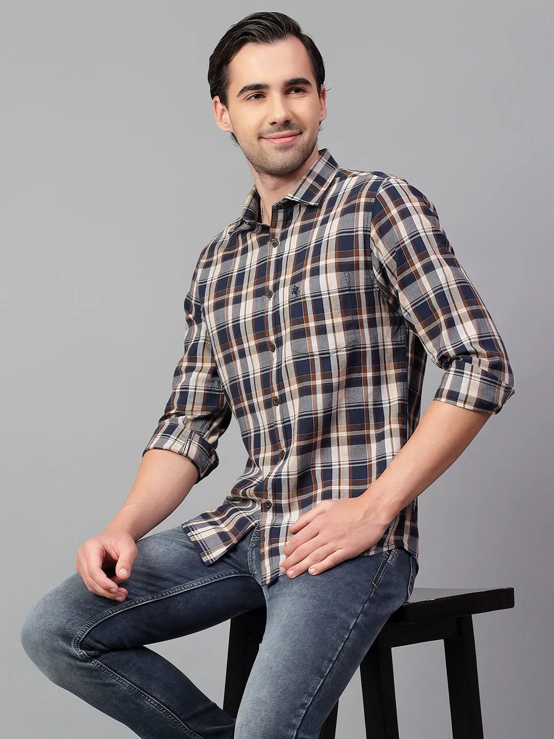 Men's Navy Blue Checked Full Sleeve Casual Shirt