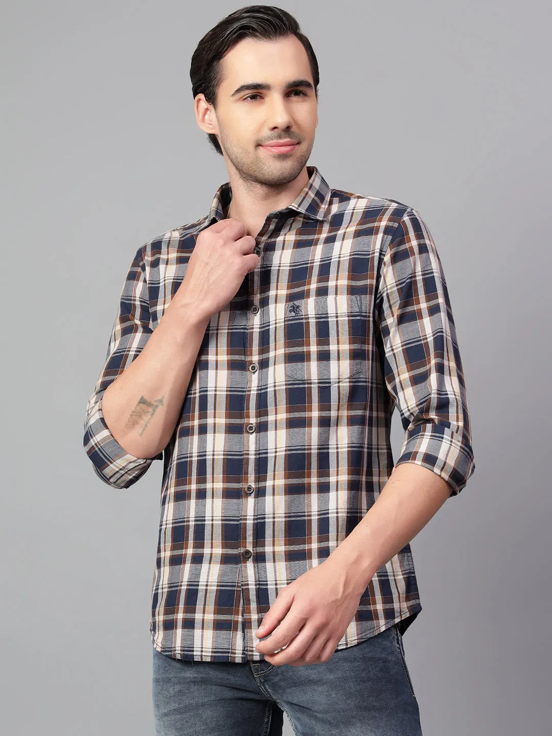 Men's Navy Blue Checked Full Sleeve Casual Shirt