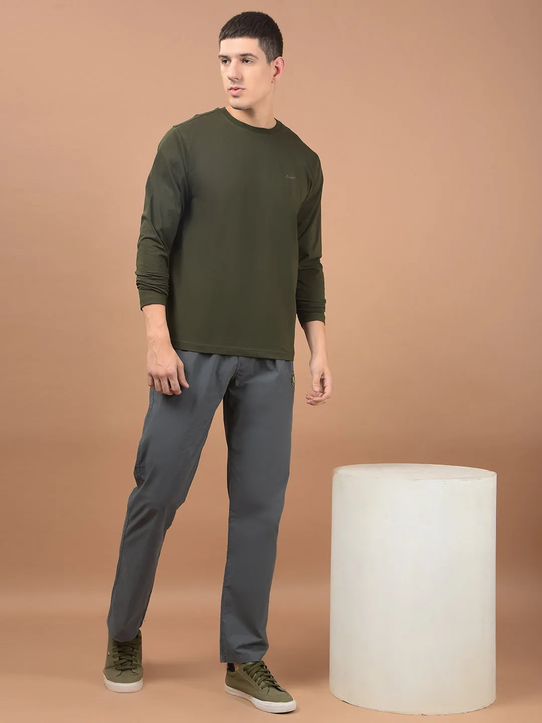 Men's Olive Self Design Full Sleeves Round Neck T-shirt For Winter