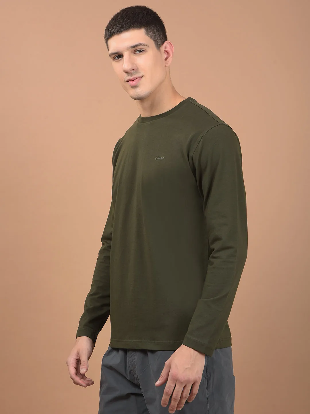 Men's Olive Self Design Full Sleeves Round Neck T-shirt For Winter