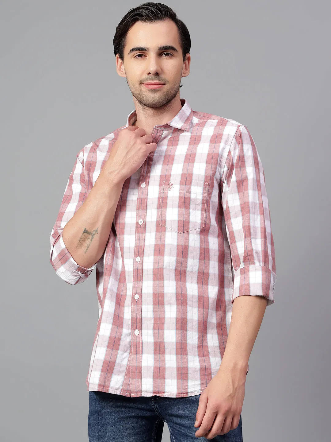 Men's Pink Checked Full Sleeve Casual Shirt