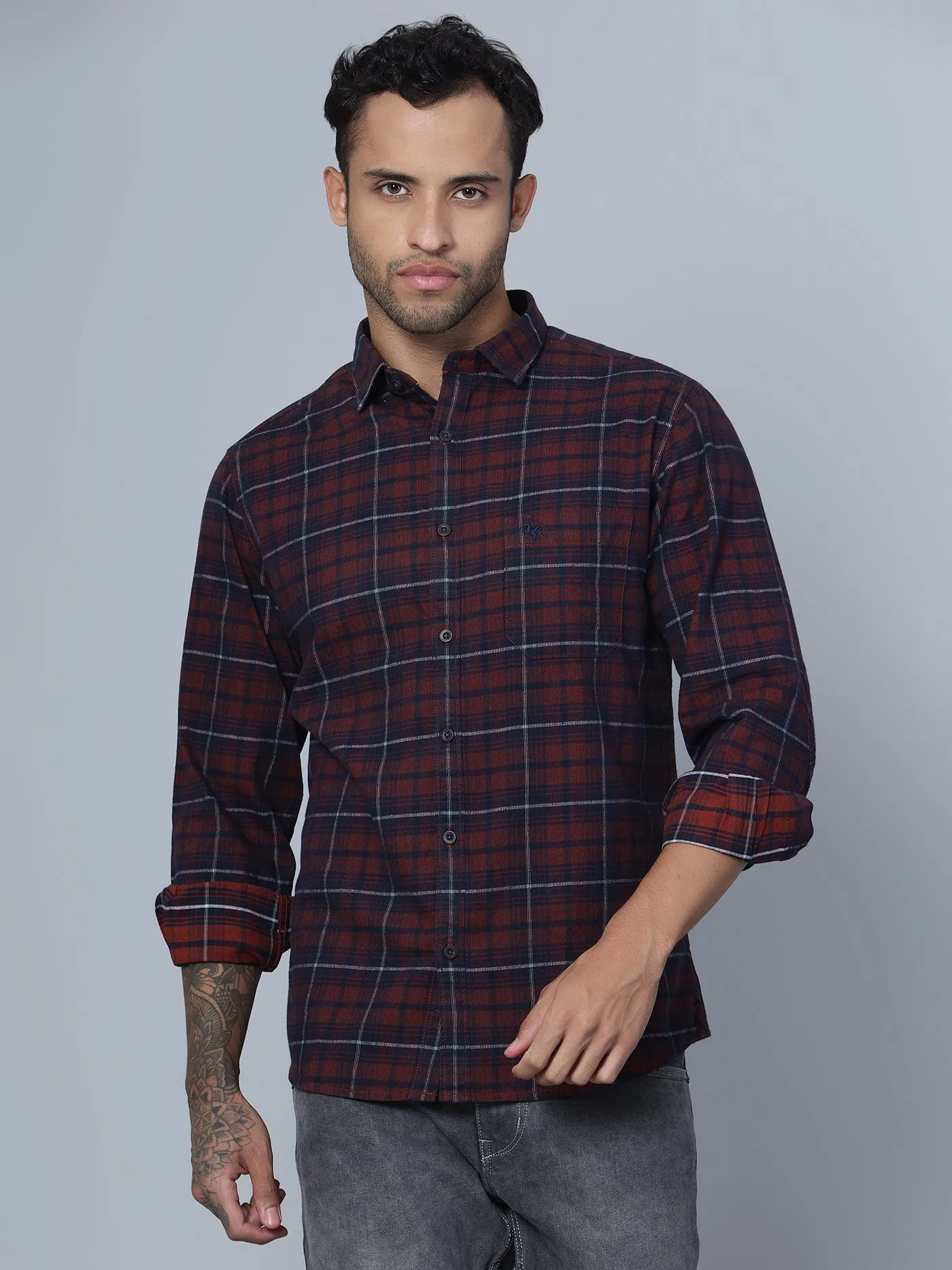 Men's Red Casual Corduroy Medium Checks Full Sleeve Shirt