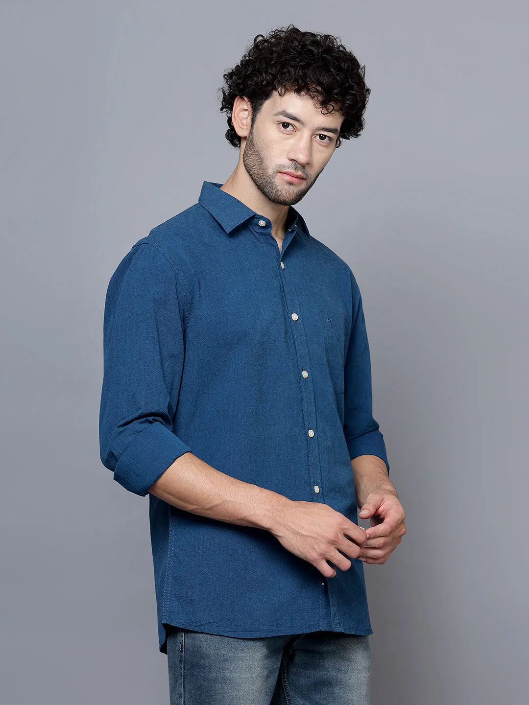 Men's Royal Blue Casual Plain Full Sleeve Shirt