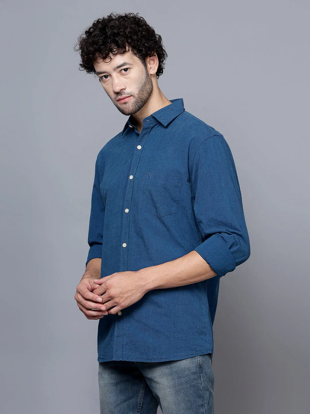 Men's Royal Blue Casual Plain Full Sleeve Shirt