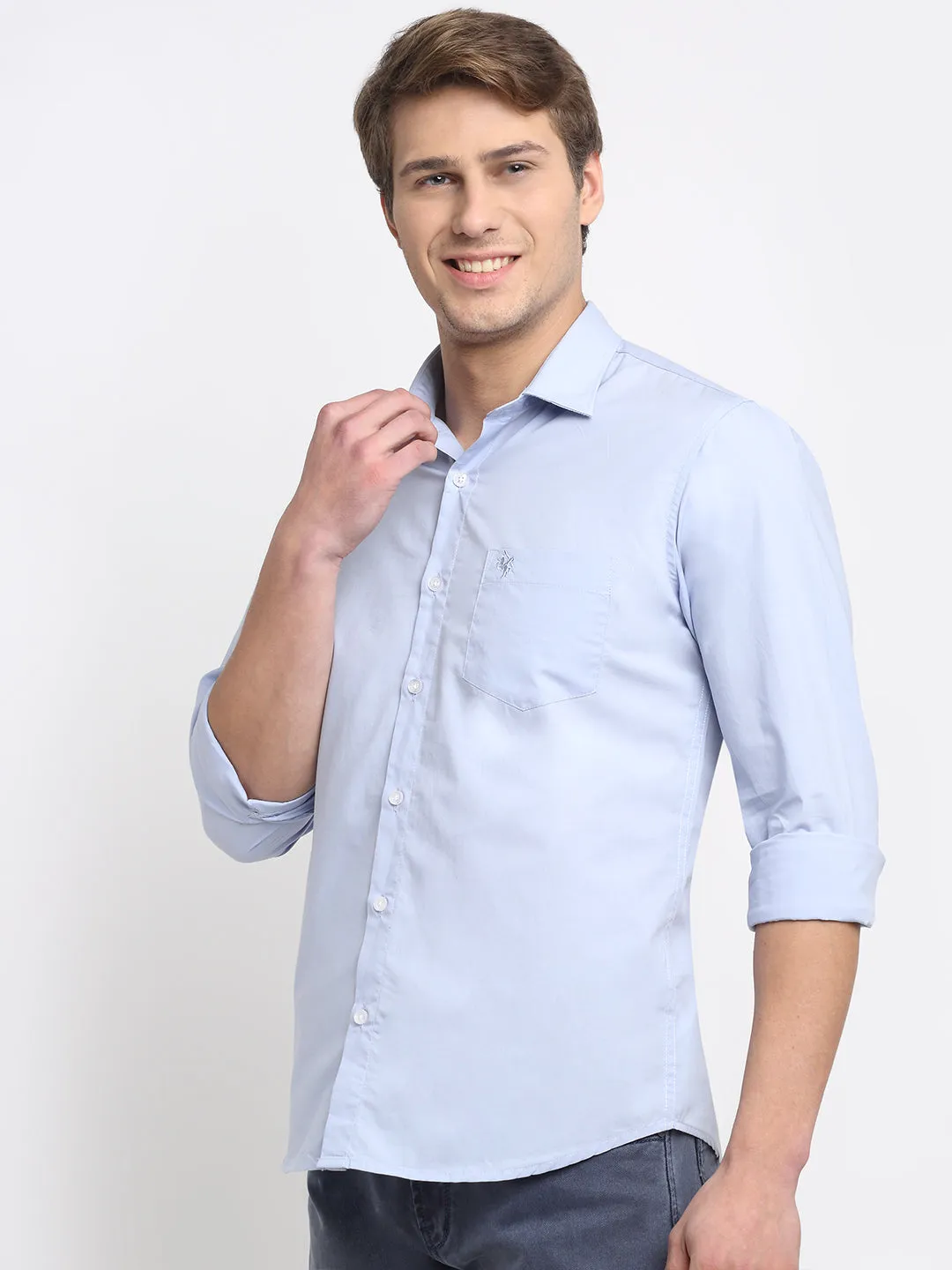 Men's Sky Blue Casual Plain Stretch Full Sleeve Shirt