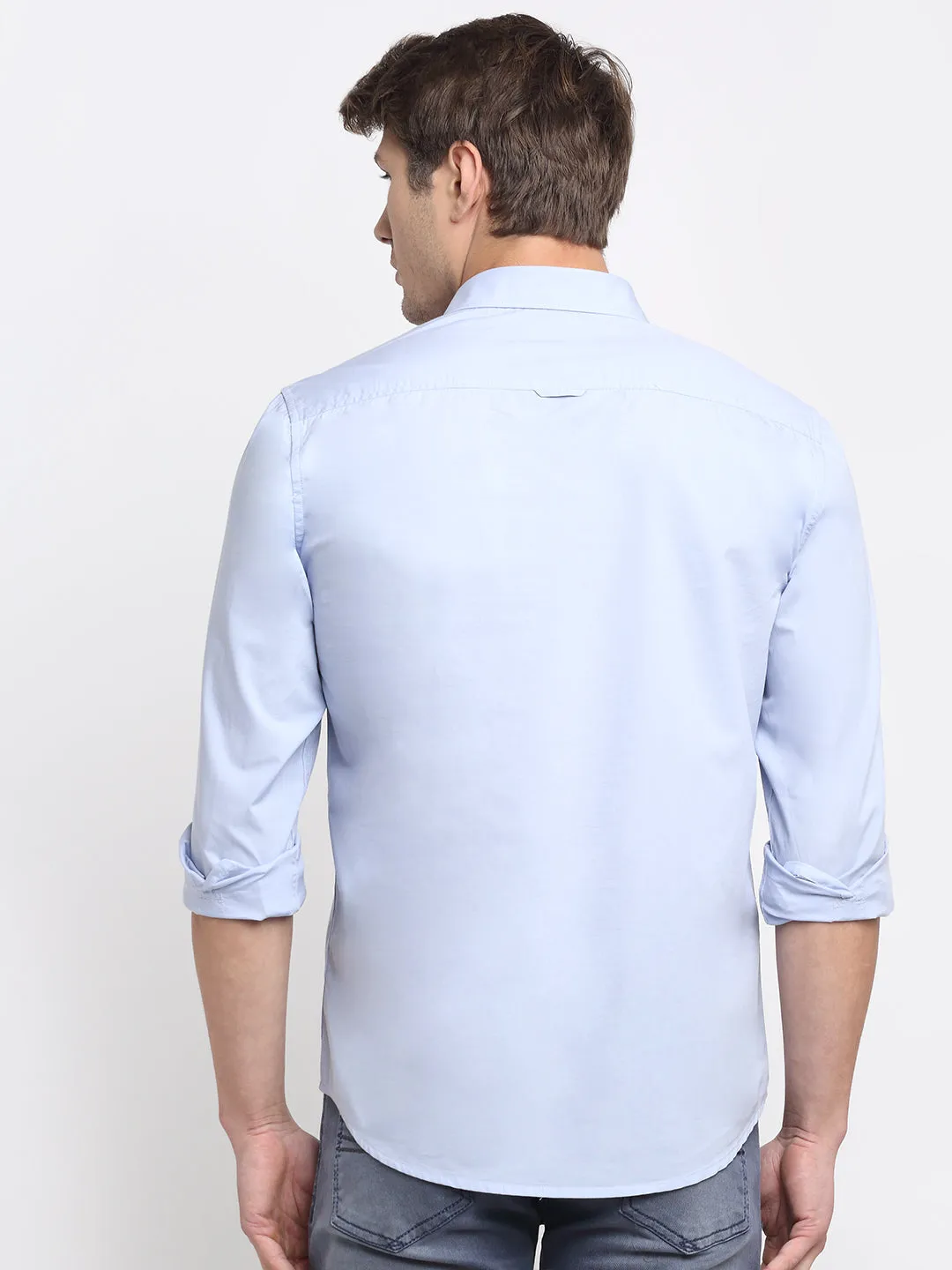 Men's Sky Blue Casual Plain Stretch Full Sleeve Shirt