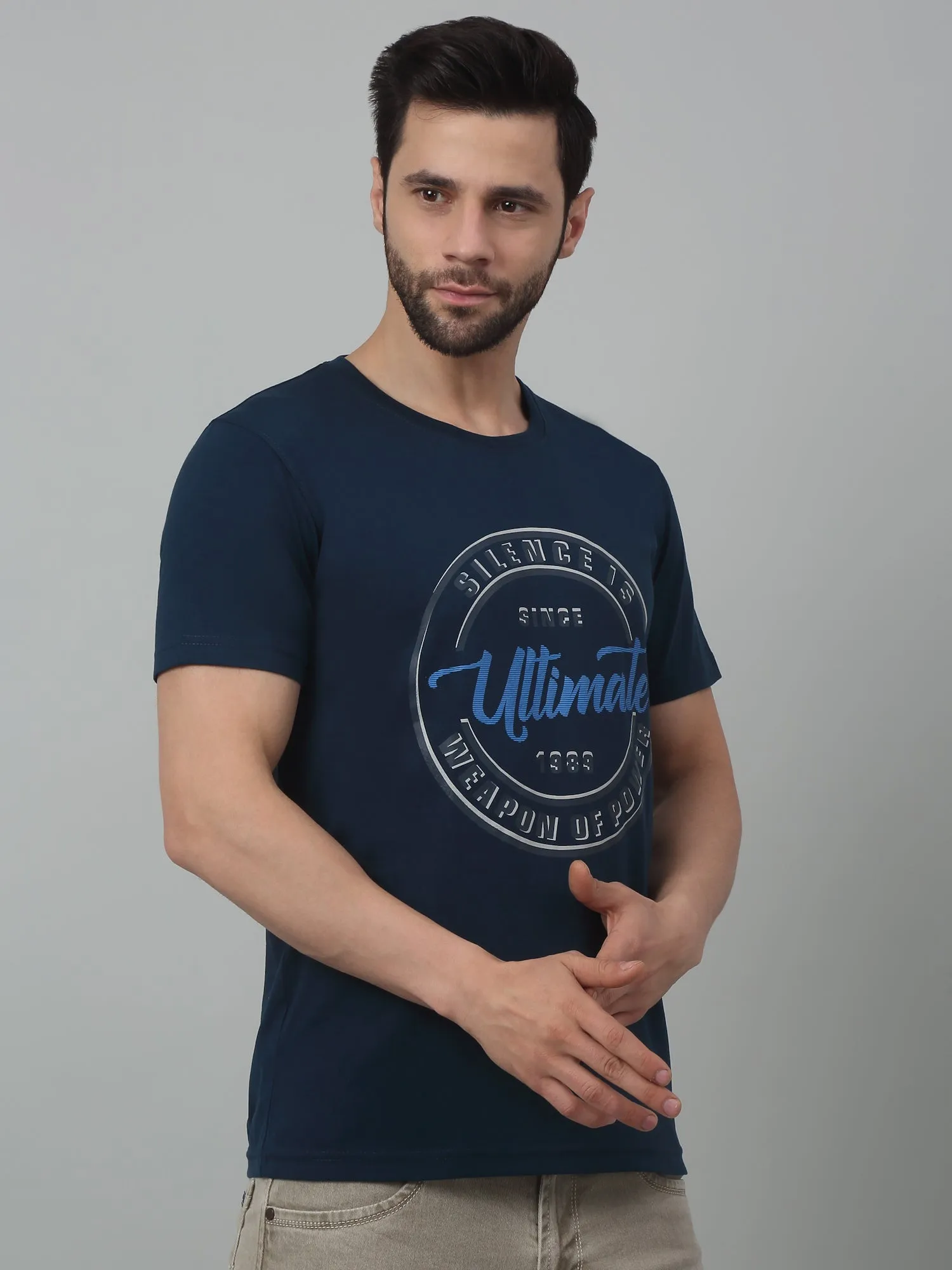 Men's Teal Blue Round neck Half Sleeve T-Shirt with Typographic print