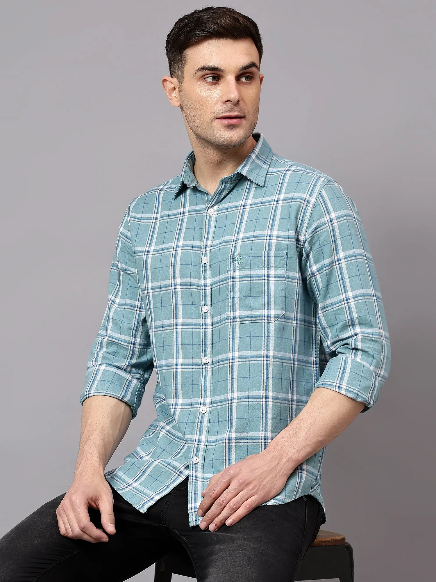 Men's Turquoise Casual Medium Checks Full Sleeve Shirt