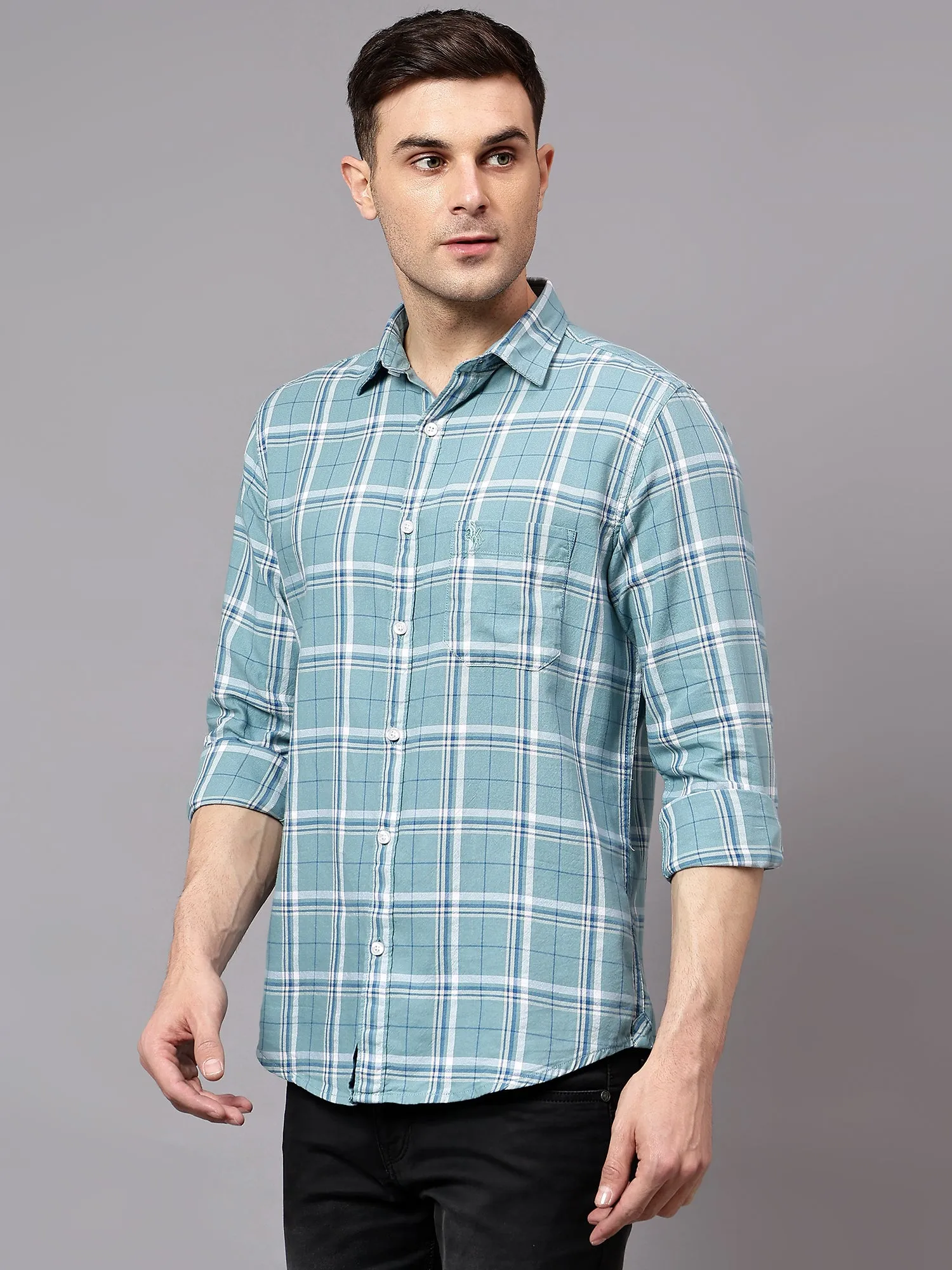 Men's Turquoise Casual Medium Checks Full Sleeve Shirt