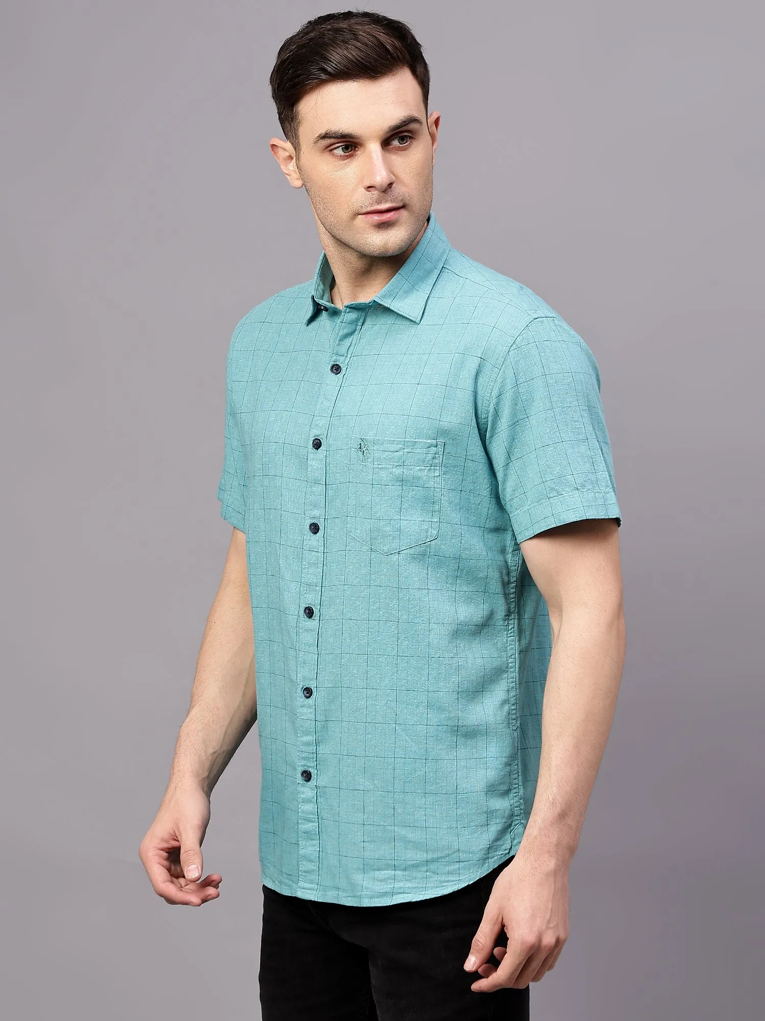 Men's Turquoise Casual Small Checks Half sleeve Shirt