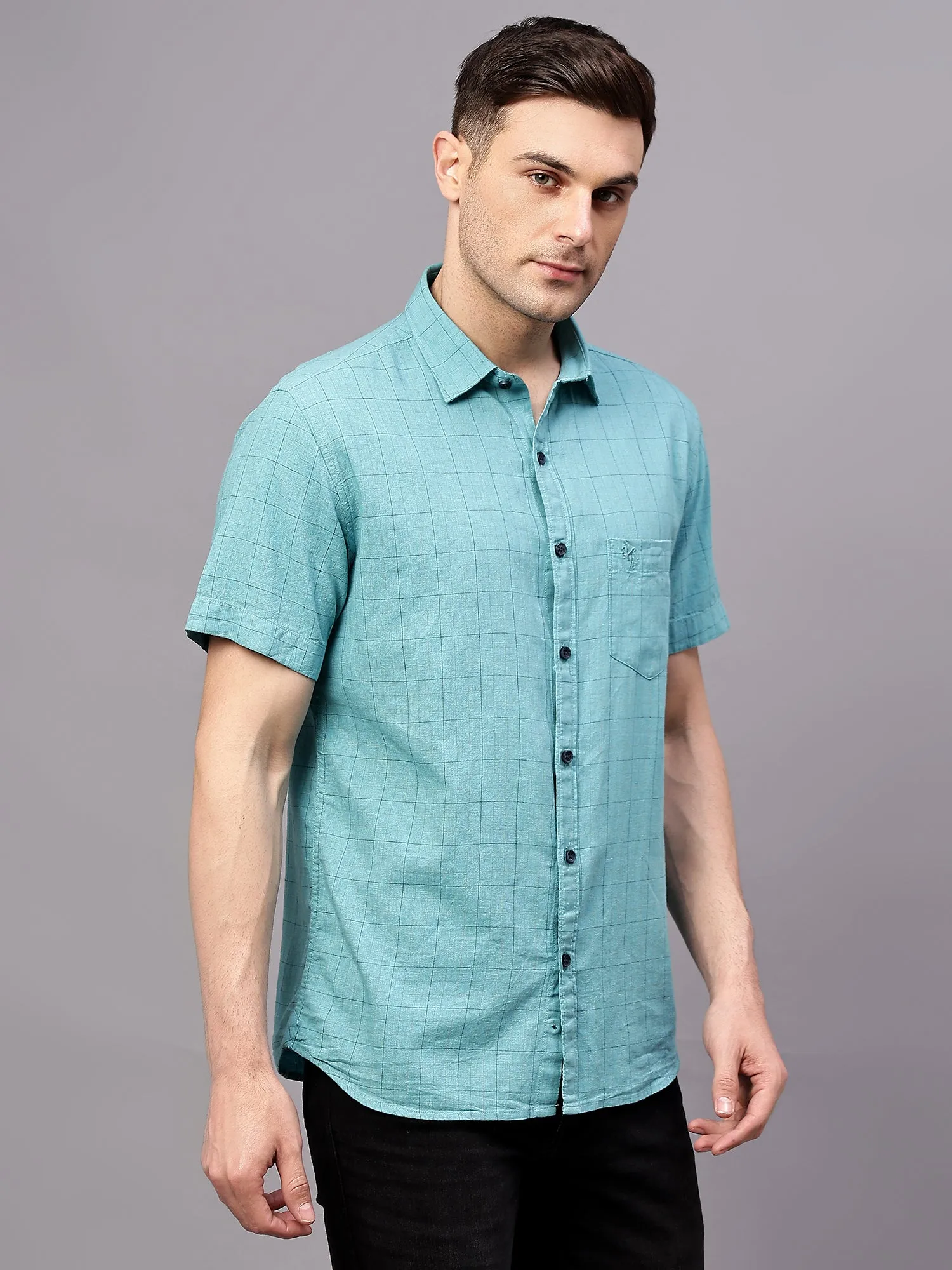 Men's Turquoise Casual Small Checks Half sleeve Shirt