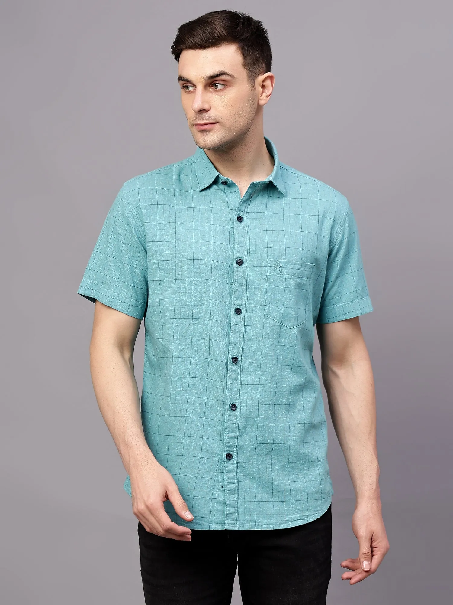 Men's Turquoise Casual Small Checks Half sleeve Shirt