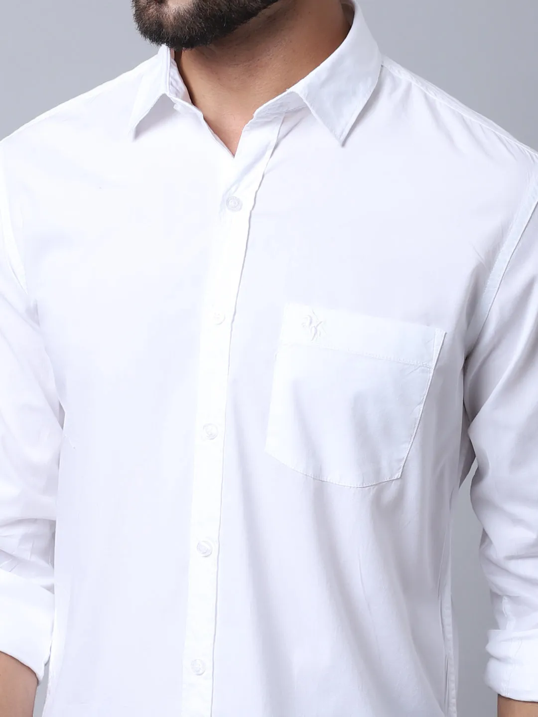 Men's White Casual Plain Stretch Full Sleeve Shirt