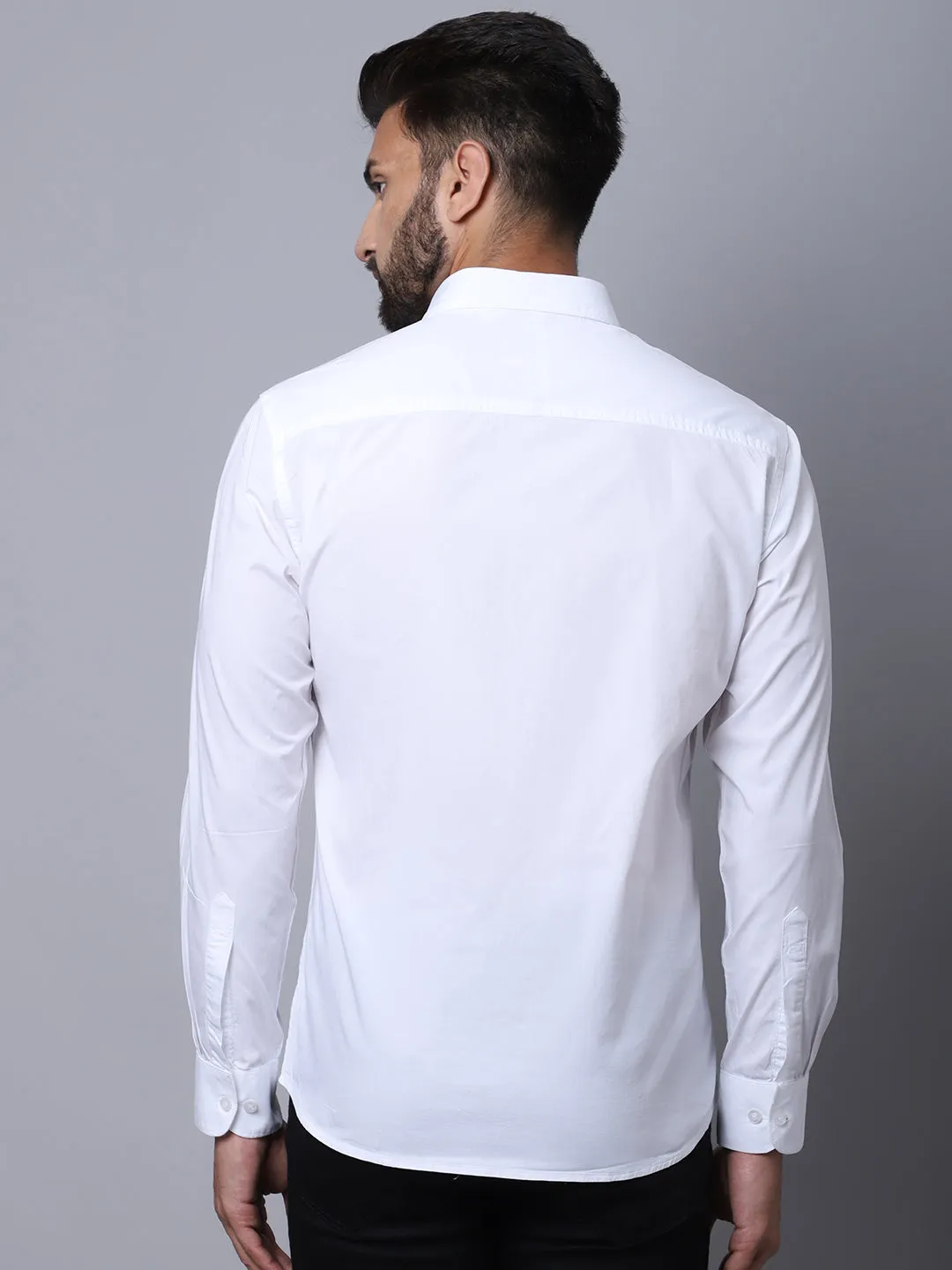 Men's White Casual Plain Stretch Full Sleeve Shirt