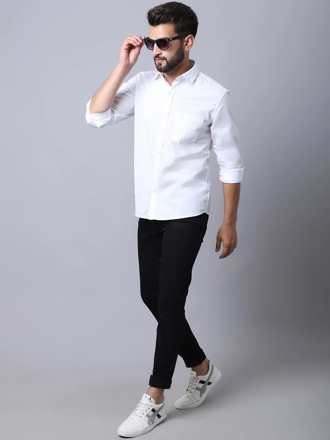 Men's White Casual Plain Stretch Full Sleeve Shirt