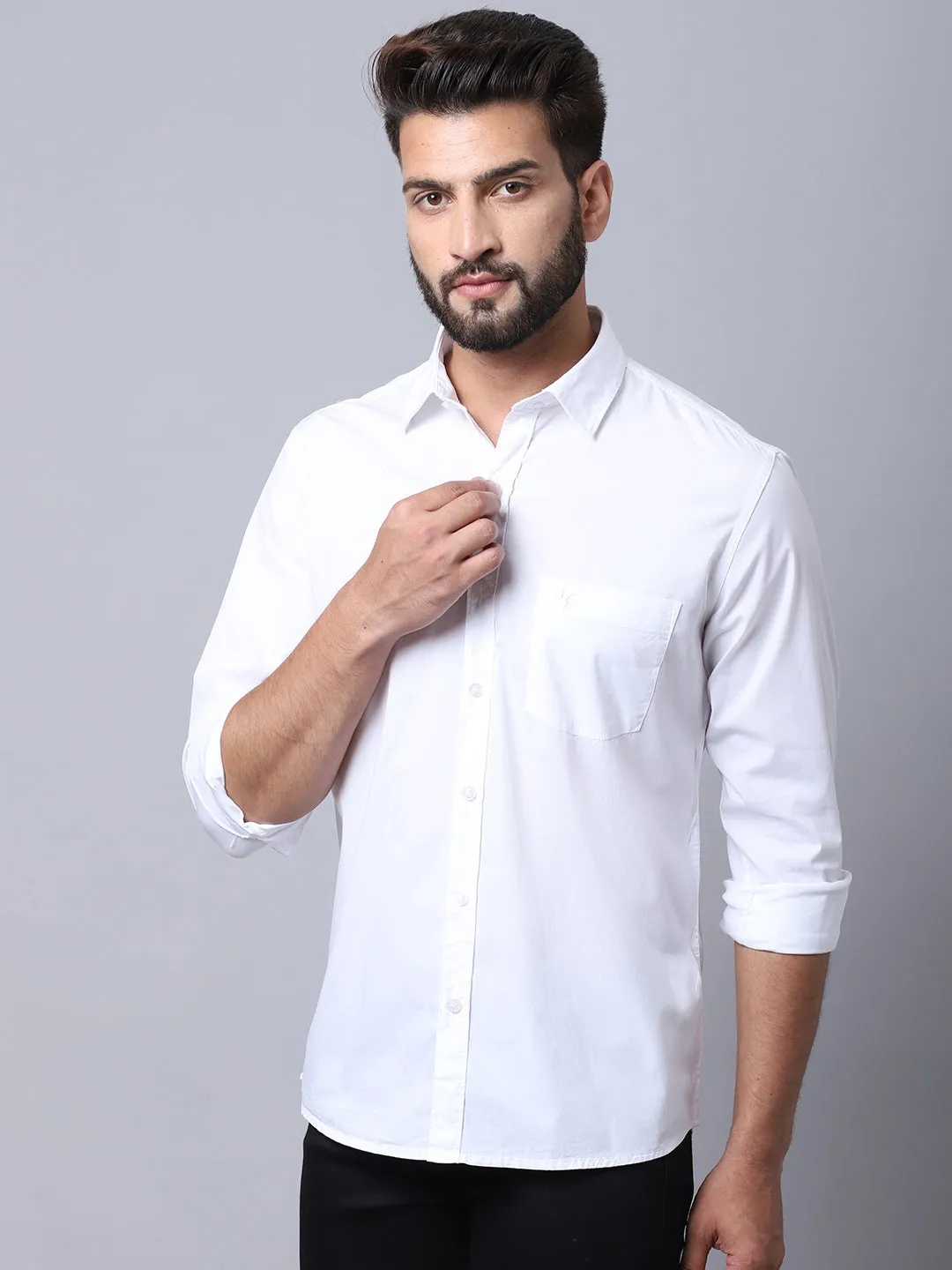 Men's White Casual Plain Stretch Full Sleeve Shirt