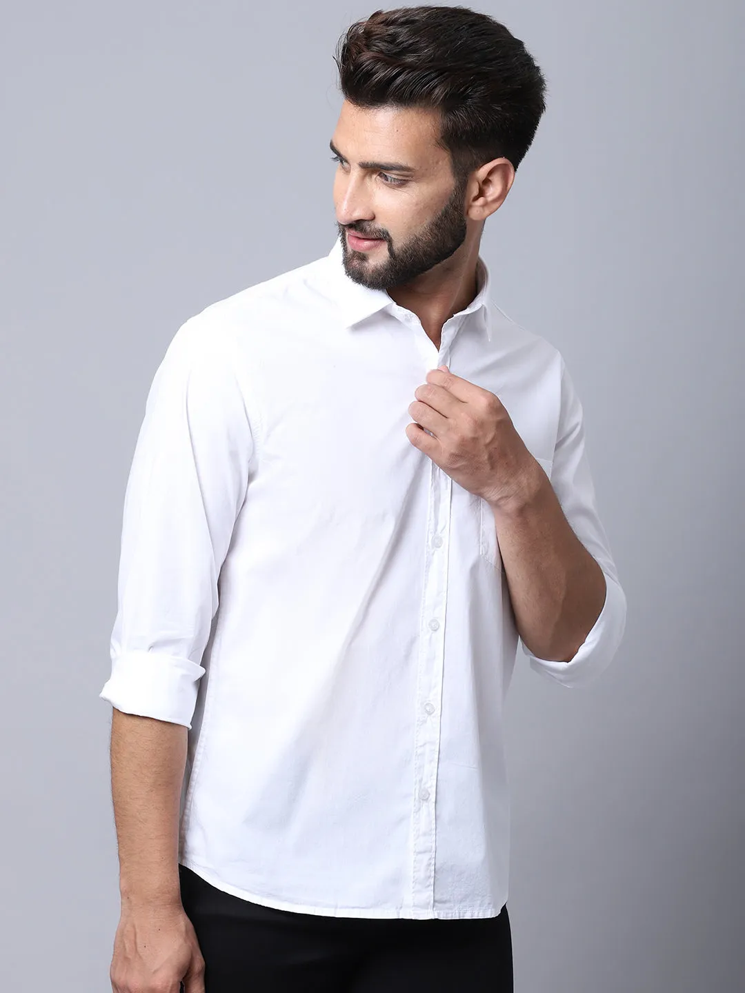 Men's White Casual Plain Stretch Full Sleeve Shirt