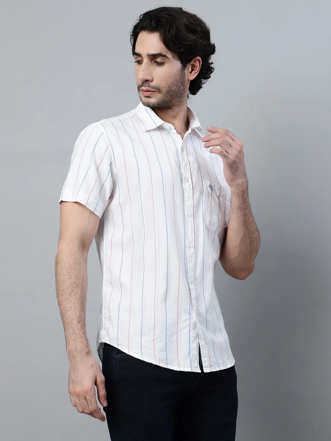 Men's White Striped Half Sleeve Casual Shirt