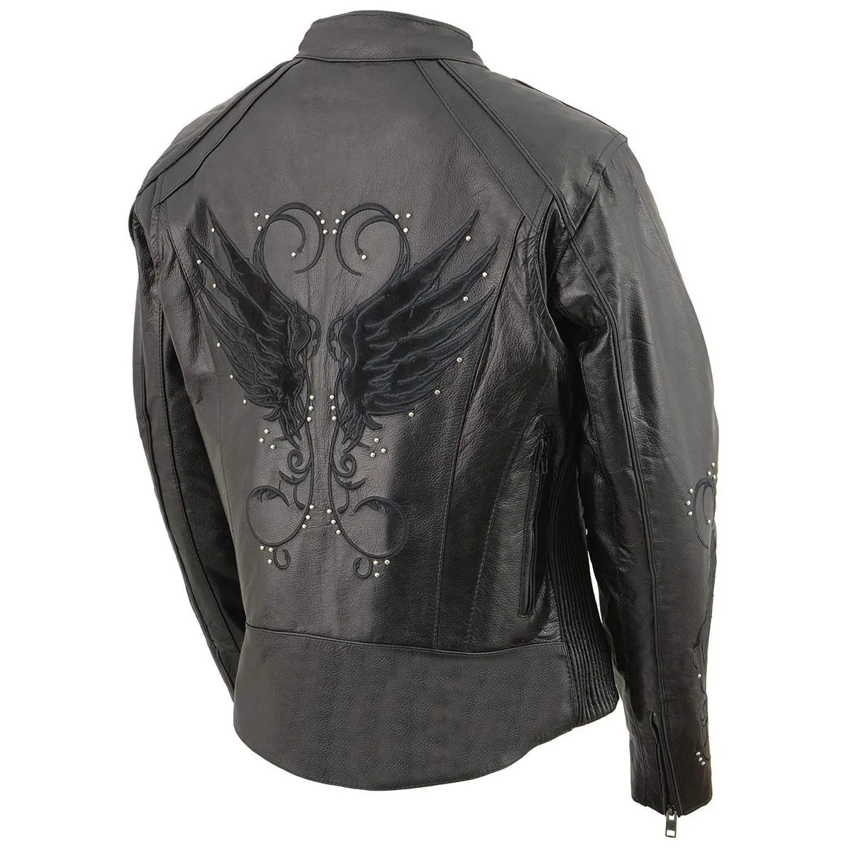 Milwaukee Leather ML1952 Women's Black 'Embroidered Wing and Stud Design' Leather Scooter Jacket