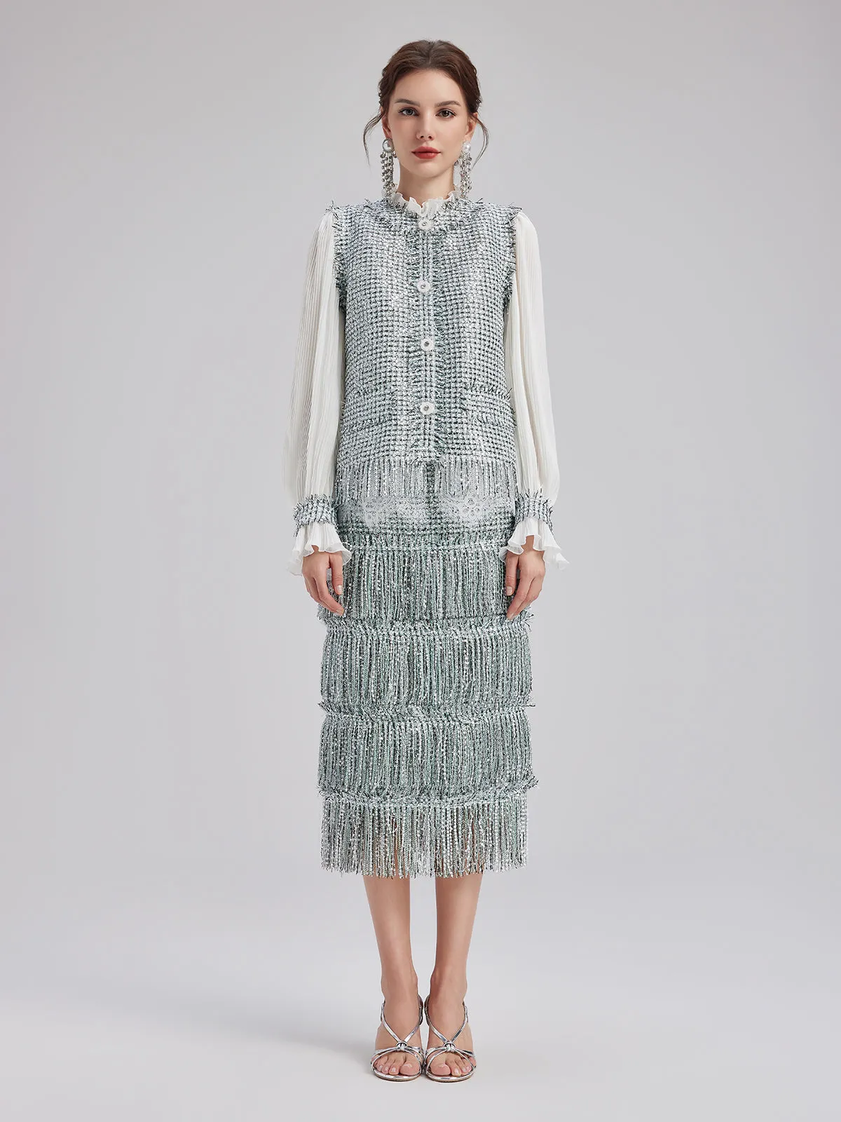 Minimalist Sequin Tweed Vest Patchwork Coat