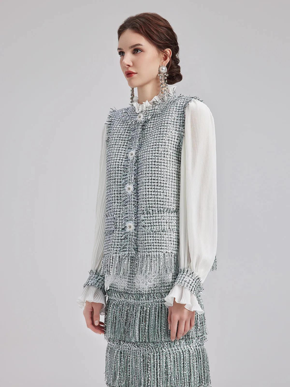 Minimalist Sequin Tweed Vest Patchwork Coat